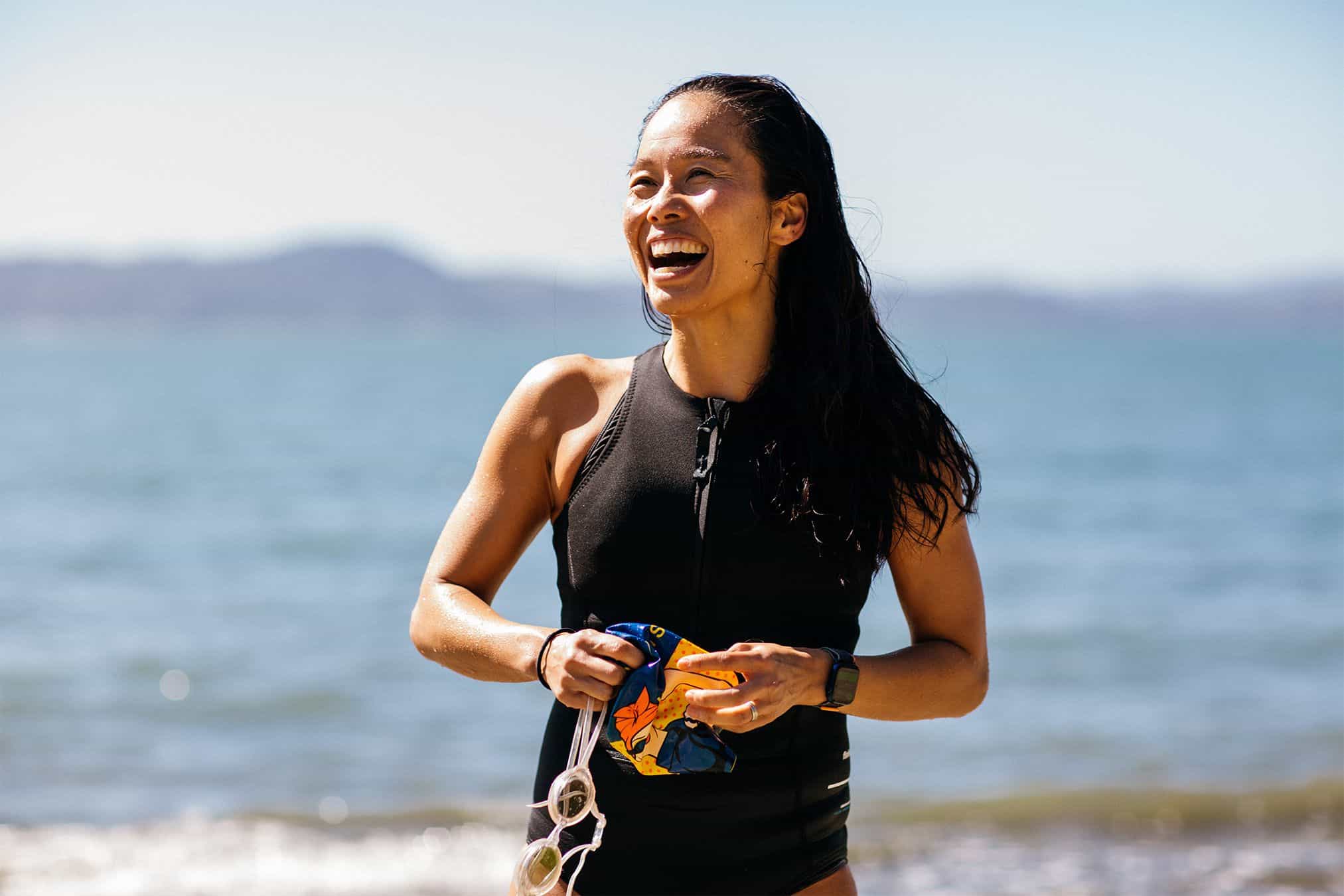 Author Bonnie Tsui post swim in San Francisco Bay. Photographed by David Gray for Finisterre.