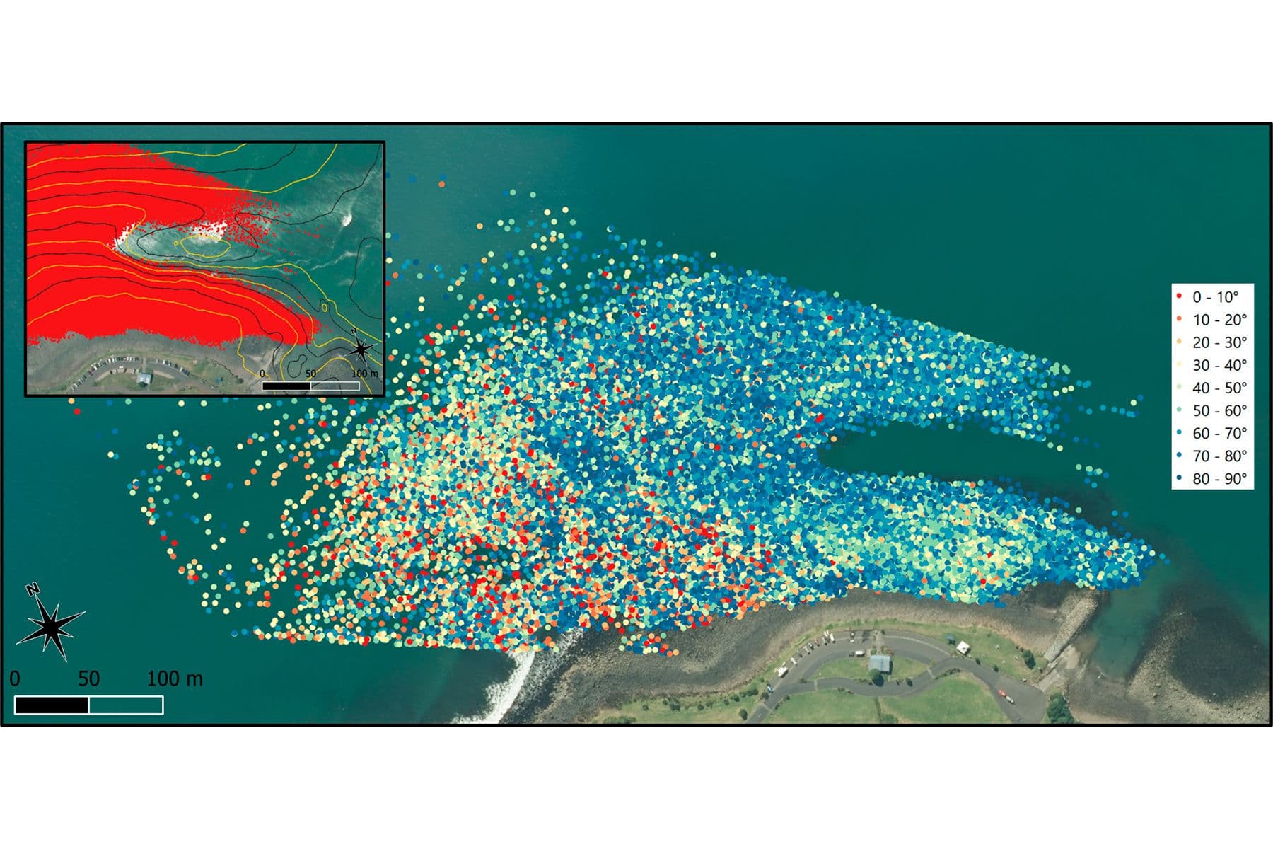 - Fig 3: Filtered surfable break points detected between May 2017 and June 2020; colour graduated based on peel angle. The insert shows the same breakpoint locations with a depth isobath overlay. The nearest contour to land is -0.5 m (MSL), contours are in 1 m increments.