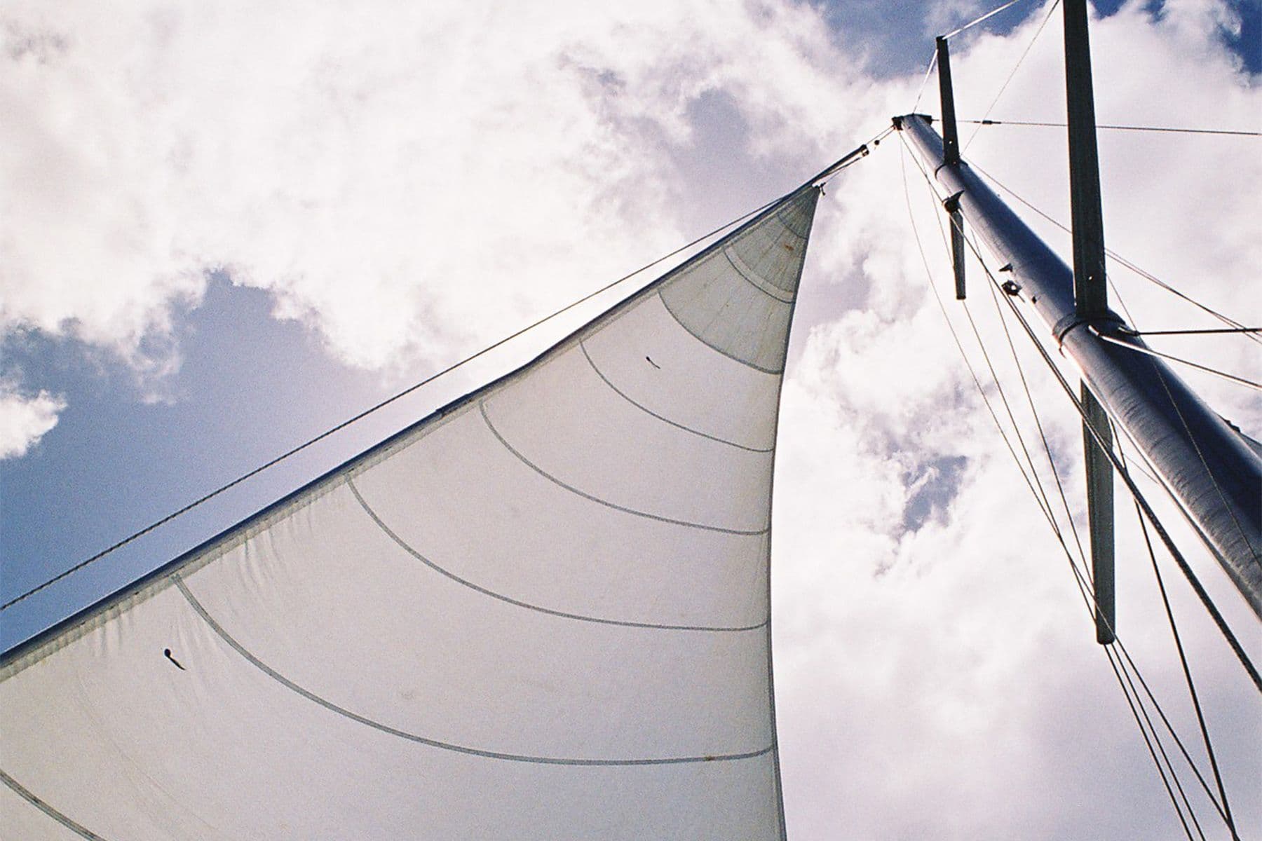 looking up at the sail of a yacht to see the telltales